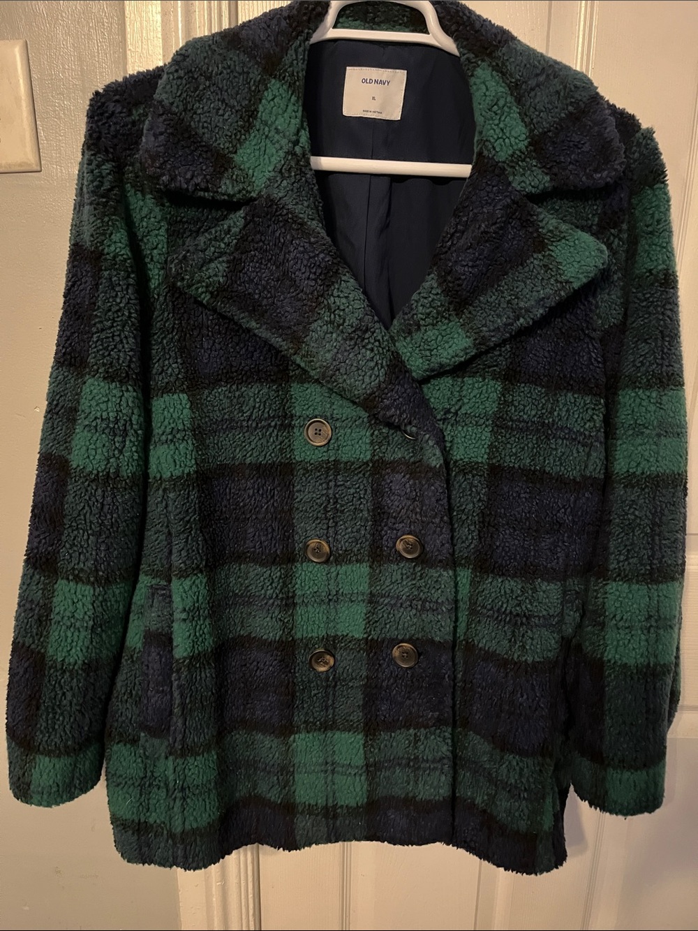 Old Navy Green & Navy Plaid Sherpa Double Breasted Peacoat